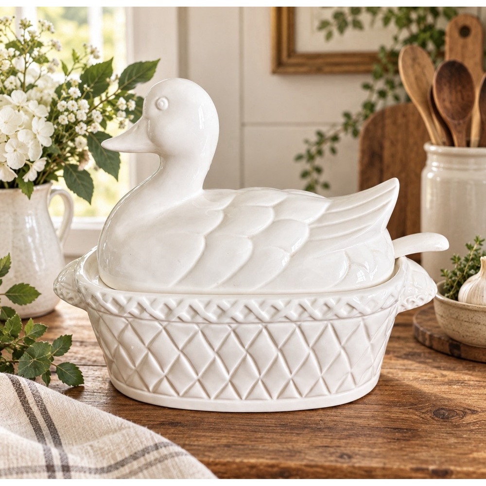 Vintage Duck Soup Tureen w Ladle Japan Ceramic 3 Piece Display Decor Cottagecore